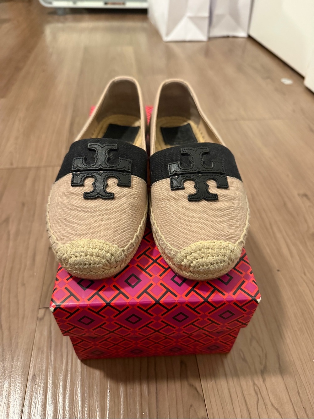 Tory Burch Beige Canvas Espadrille Flats with Black Logo Band